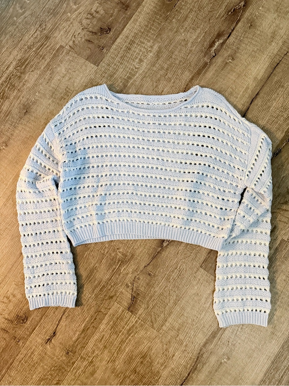 Light Blue & White Open Knit Cropped Sweater